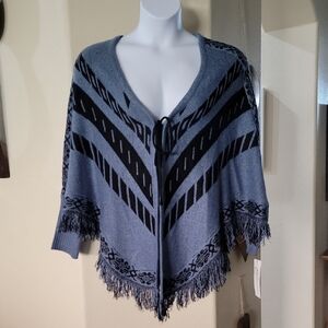 NY COLLECTION Poncho w/Ribbed Cuffs Open Tie Front Black Blue Size XL NWT